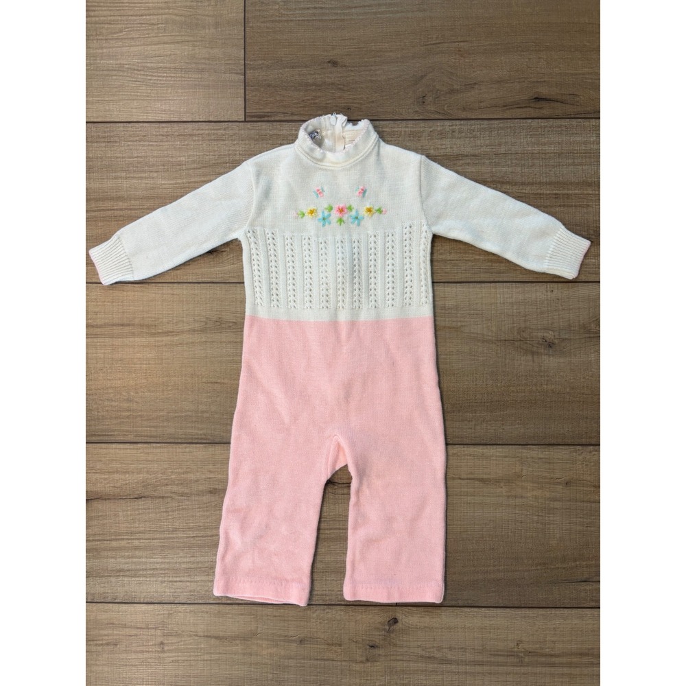 Little Angel Vintage Knit‎ Romper Baby Girl 6-9 Mon Pink Cream Floral Pointelle